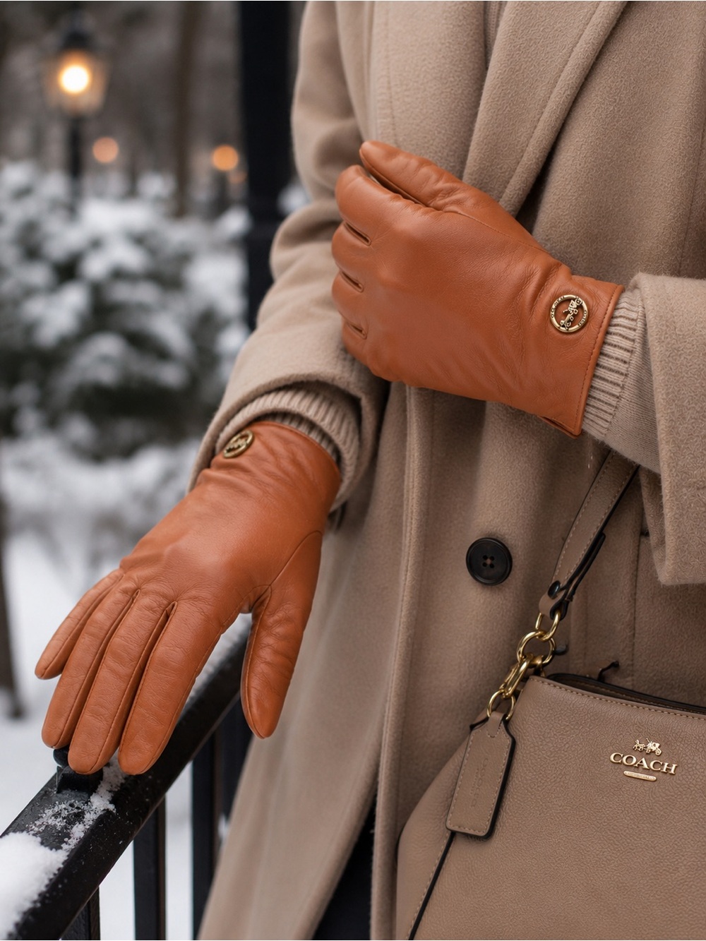 New Coach Leather and Wool Gloves, Sandstone